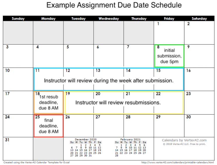 Sample assignment due date calendar for the full time and part time day classes.